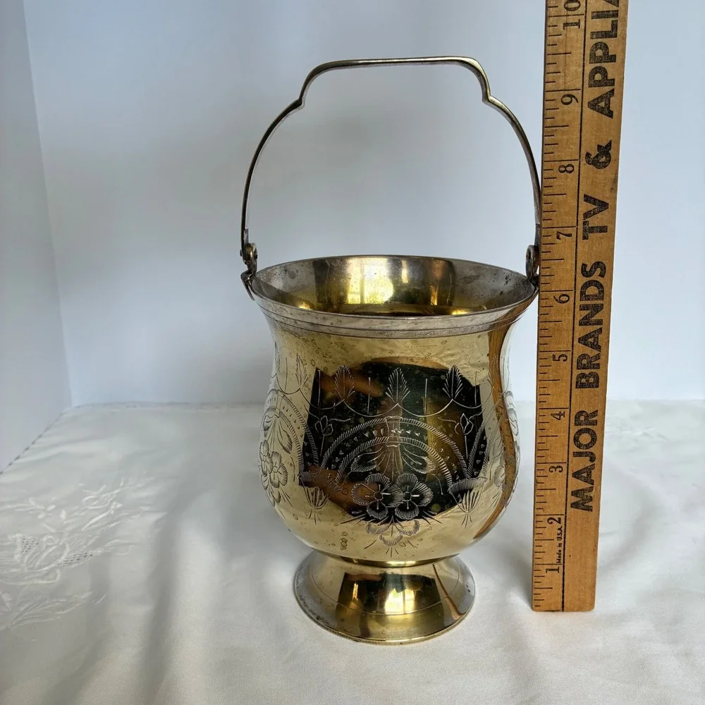Vtg SilverPlated Brass Etched Floral Ice Bucket Hollywood Regency Grandmillenial